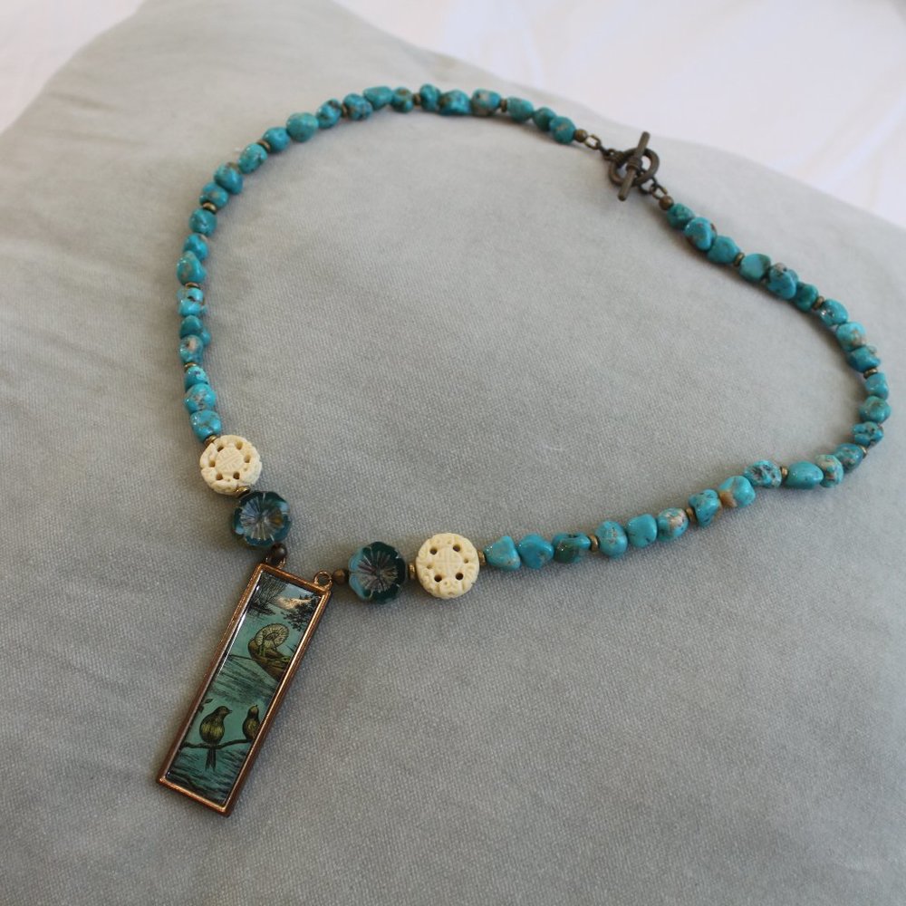 Turquoise and Carved Stone Pendant Necklance
